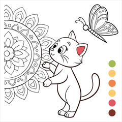 PriMandala Cat with Butterfly, Intricate Vector Designnt