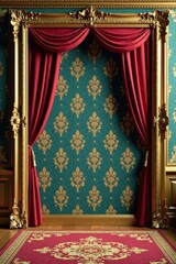 Ornate gold frames surrounding damask fabric with intricate floral designs on a grand floor, floral, interior
