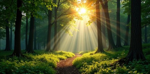 Panorama of forest with sunlight filtering through trees , nature, sunlight, scenery