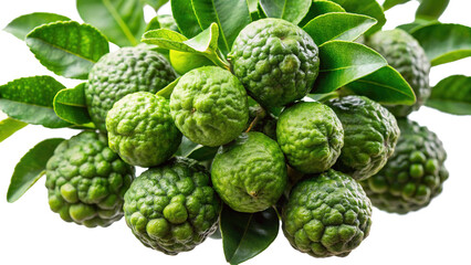 Fototapeta premium A Bunch of Fresh Green Kaffir Lime Fruits on a Branch with Lush Leaves