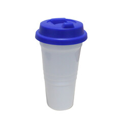 isolated white plastic cup with blue lid