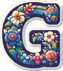 Doodle flower letter G. Floral element of colorful alphabet made from flowers	