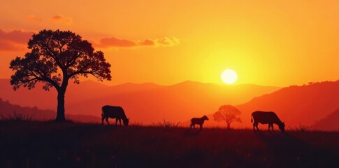Naklejka premium Silhouetted farm animals grazing in the fields, farm yard, farm