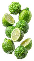 Obraz premium Floating Kaffir Lime Fruits and Halves Isolated on Trensprent Background