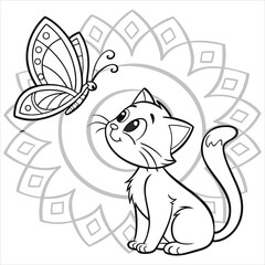 PriMandala Cat with Butterfly, Intricate Vector Designnt