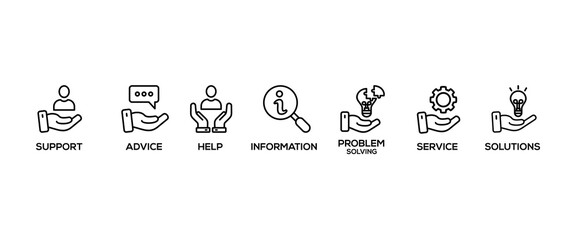 Help desk banner web icon vector illustration concept with icon of support, information, advice, problem solving, help, service, solutions
