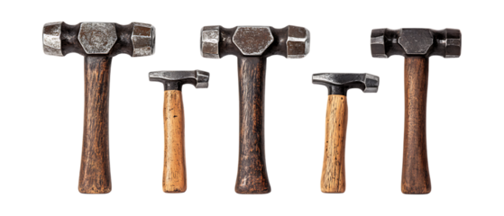 Pack of Hammer set of Five Different Poses set Against Transparent Background for Construction Branding, Tool Marketing, or DIY Design Projects