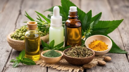 Aromatherapy and alternative medicine are represented by natural spa ingredients and a bottle of herbal extract oil, all within a Thai Spa theme on a shabby wooden background with an ayurvedic