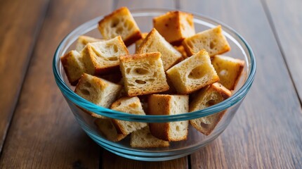Homemade croutons in glass bowl. Toasted or fried bread cubes. Tasty snack. Delicious food.