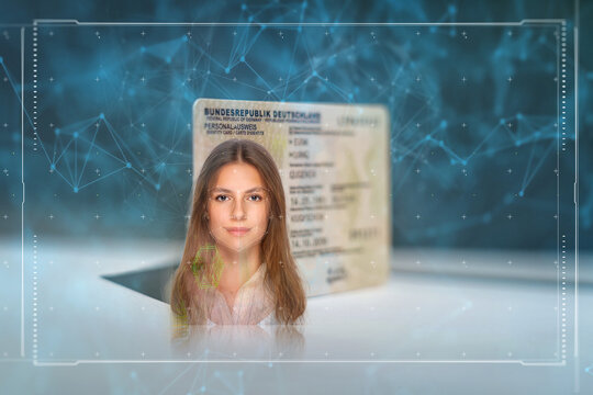 Biometric technology digital face scanning form of a new, modern german ID card, triangles and particle style design