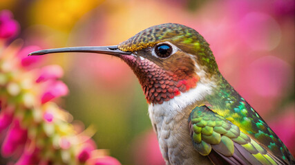 Obraz premium Close-up of hummingbird near colorful flowers