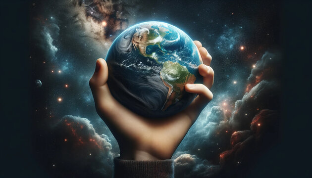 Hands holding Earth with cosmic background.