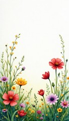 Watercolor illustration of wildflowers in a meadow, nature, garden