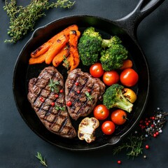 Overhead View of Grilled Steaks and Roasted Vegetables in a Cast Iron Skillet