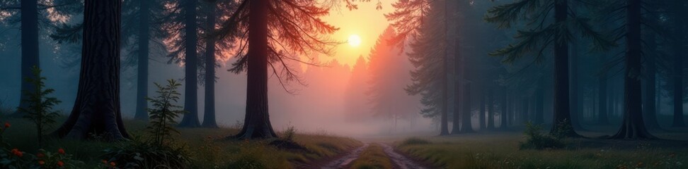 Wooden forest landscape at dusk with tall trees and misty atmosphere , foliage, woods