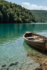 A small wooden boat sits in the middle of a lake, surrounded by trees