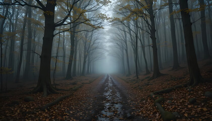 Obraz premium A calm forest path covered with fallen leaves, leading to a mysterious misty landscape.