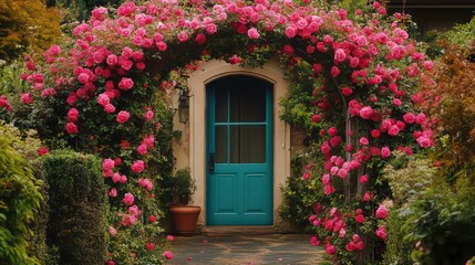 Charming house entrance hidden behind beautiful rose trellis. Rich pink roses cascade over archway creating secret garden entrance. Classic house with teal door visible through archway.