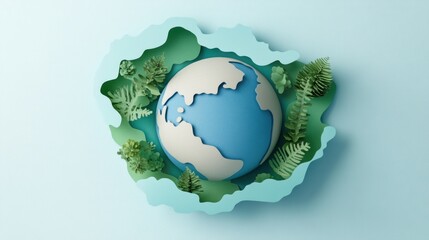 Earth surrounded by stylized foliage on light blue background. Possible use Environmental awareness, sustainability, education