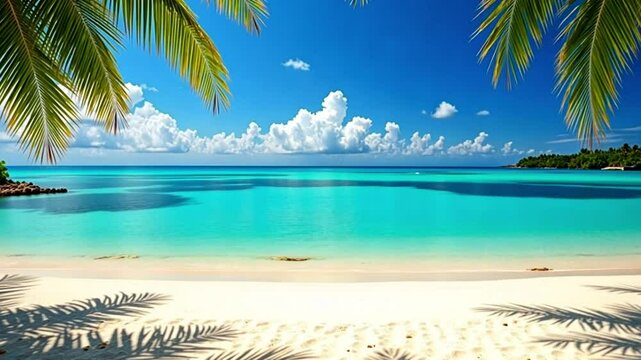 Tropical Paradise Beach with Clear Blue Sky, White Sand, Palm Leaves, and Turquoise Sea in Summer Vacation Island Scenery