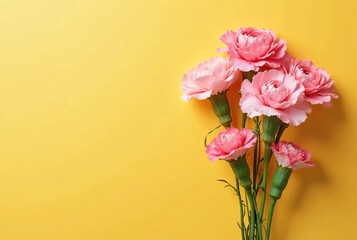 A bouquet of carnations on a yellow background. Mother's day image. Expressing gratitude.