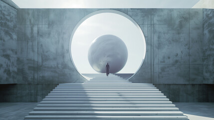 Person standing before a large sphere within a futuristic setting.