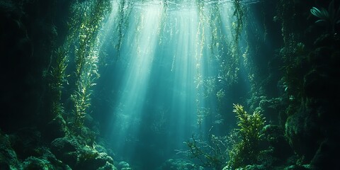 Obraz premium Mysterious underwater scene with sunlight beams illuminating a kelp forest. Perfect for fantasy, nature, or environmental projects.