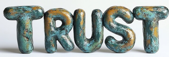 Textured Turquoise and Brown Word Trust Lettering Sign on White Background Representing The Meaning