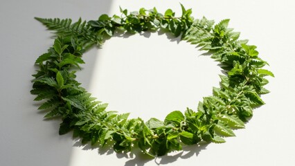 A circular wreath made of mint and fern leaves on a white surface.
