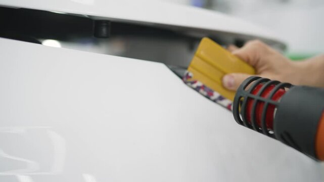 Mechanic applying vinyl foil or film on a headlight to protect the car from scratches and stone chips