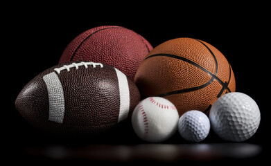 Displayed are different types of sports equipment like footballs, basketballs, and golf balls arranged artfully against a black backdrop