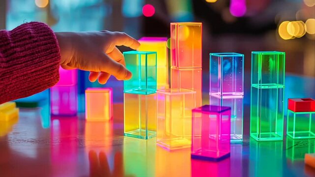 Child's hand interacting with colorful translucent blocks
