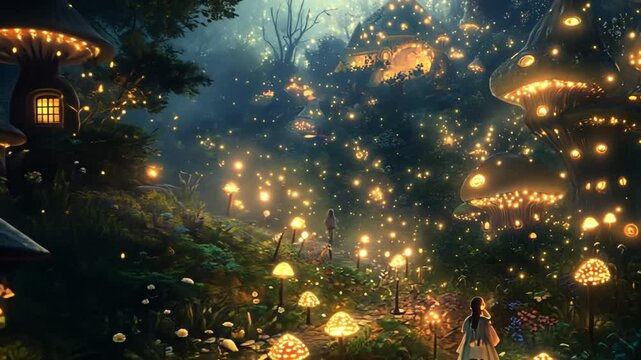 Enchanted forest village with glowing mushrooms during twilight featuring magical creatures and cozy cottages