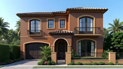 Fototapeta premium Mediterranean Style Two-Story House with Balconies, Garage, and Landscaping