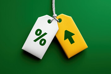 Discount tags symbolize retail exchange and tariff increases, reflecting market trends and consumer behavior