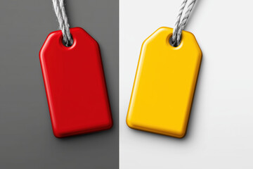 Fototapeta premium Bright red and yellow retail tags hang on gray and white background showcasing pricing options for products in vibrant exchange