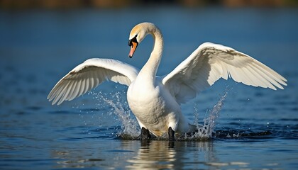 Fototapeta premium Majestic swan spreads its wings in tranquil lake during midday sunlight