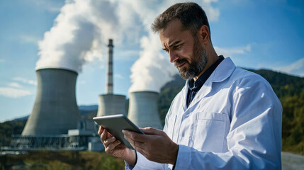 nuclear power plant supervisor is using tablet while overseeing operations, showcasing blend of technology and industry