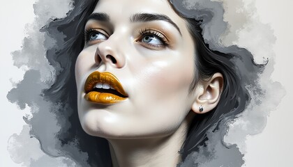 Fototapeta premium Melancholic Beauty with Golden Lips in Watercolor Gray Atmosphere. A sophisticated portrait merging photorealism with painterly techniques, featuring a woman with golden lips and dark hair 