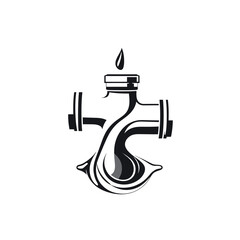 Stylized Valve Fixture with Dripping Liquid, Black and White.