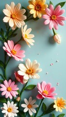 Fototapeta premium Artificial flowers wall in vintage style with pastel colors and soft lighting, flower wall, floral arrangement