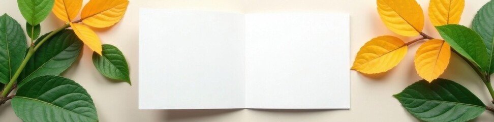 Fototapeta premium Bifold brochure mockups with natural elements and leaves, eco-friendly, foliage, sustainable