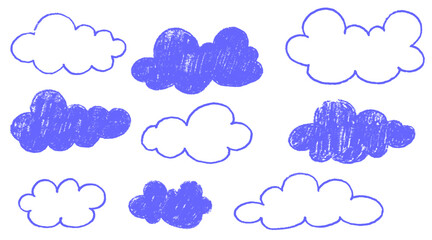 Crayon cloud texture with blue sky. Crayon kid scribble naive design. Blue cloud with chalk texture. Vector illustration