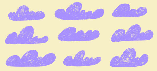 Crayon cloud texture with purple sky. Crayon kid scribble naive design. Purple cloud with chalk texture. Vector illustration