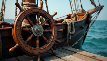 Classic rope netting with anchors and nautical ropes hanging from old wooden ship's wheel, naval, wheel