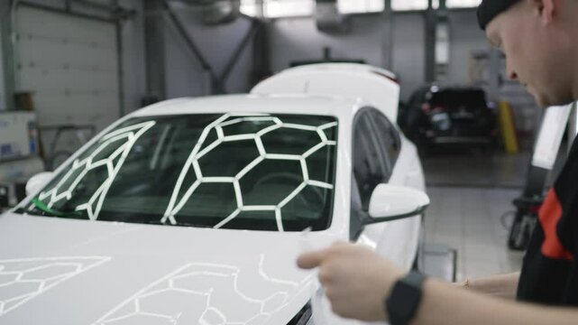 Professional car wrapper applying vinyl film on vehicle