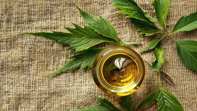 neem essential oil on burlap background