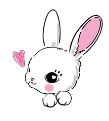 Hand Drawn Cute Bunny isolated on white background. Print design rabbit. Children Print on t-shirt. Vector