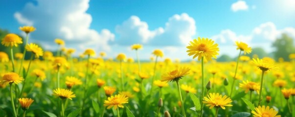 Field of Bright Yellow Dandelions in Blue Sky, sunny day, blue sky, landscape