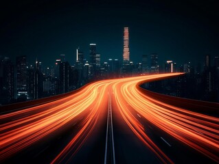 Obraz premium A vibrant urban scene showcasing light trails on a highway against a city skyline.